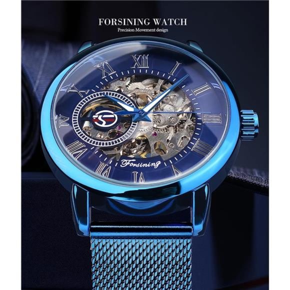Men's Skeleton Watch Steampunk Watch Mechanical Watch for Men Minimalist, Blue - Picture 2 of 7
